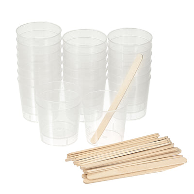 Harfington Uxcell 22 Pack Measuring Cup 60ml/2oz PP Plastic Graduated Beaker Clear with 22 Pack Wooden Stirring Sticks for Lab Kitchen Liquids