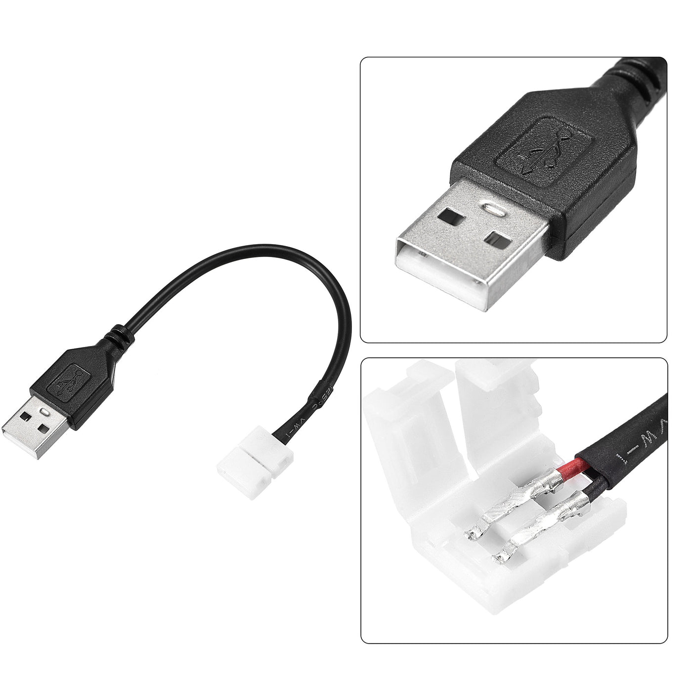 uxcell Uxcell LED-Streifenlichtanschluss 2 Pin 8mm Lötfreier Anschluss an USB-Kabel 150mm Länge Schwarz 5 Stück