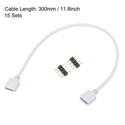 Harfington Uxcell 4 Pin 10mm RGB LED Strip Light Connector Extension Cable 300mm Length White 15Pcs with 30Pcs Male 4 Pin Plugs