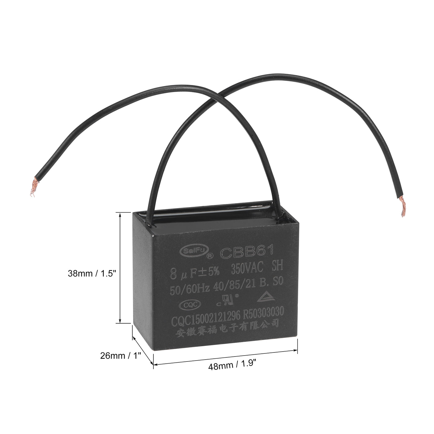 uxcell Uxcell Ceiling Fan Capacitor CBB61 8uF 350V AC 2 Wires Metallized Polypropylene Film Capacitor 48x38x26mm for Electric Fan Pump Motor Generator