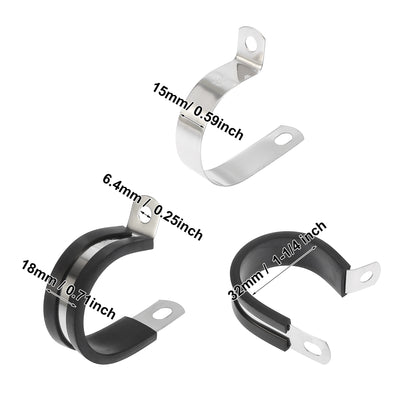 Harfington 10pcs 32mm 1-1/4 Inch R Shape Automotive 304 Stainless Steel Cable Clamp Rubber Cushioned Metal Clamp Fastener for Tube Pipe Wire Installation