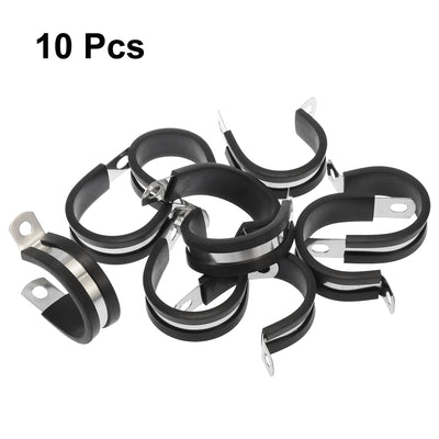 Harfington 10pcs 32mm 1-1/4 Inch R Shape Automotive 304 Stainless Steel Cable Clamp Rubber Cushioned Metal Clamp Fastener for Tube Pipe Wire Installation