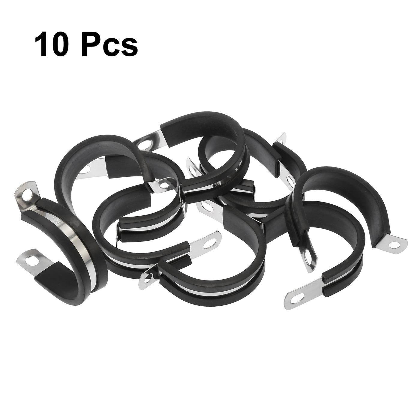 Harfington 10pcs 35mm 1-3/8 Inch R Shape Automotive 304 Stainless Steel Cable Clamp Rubber Cushioned Metal Clamp Fastener for Tube Pipe Wire Installation