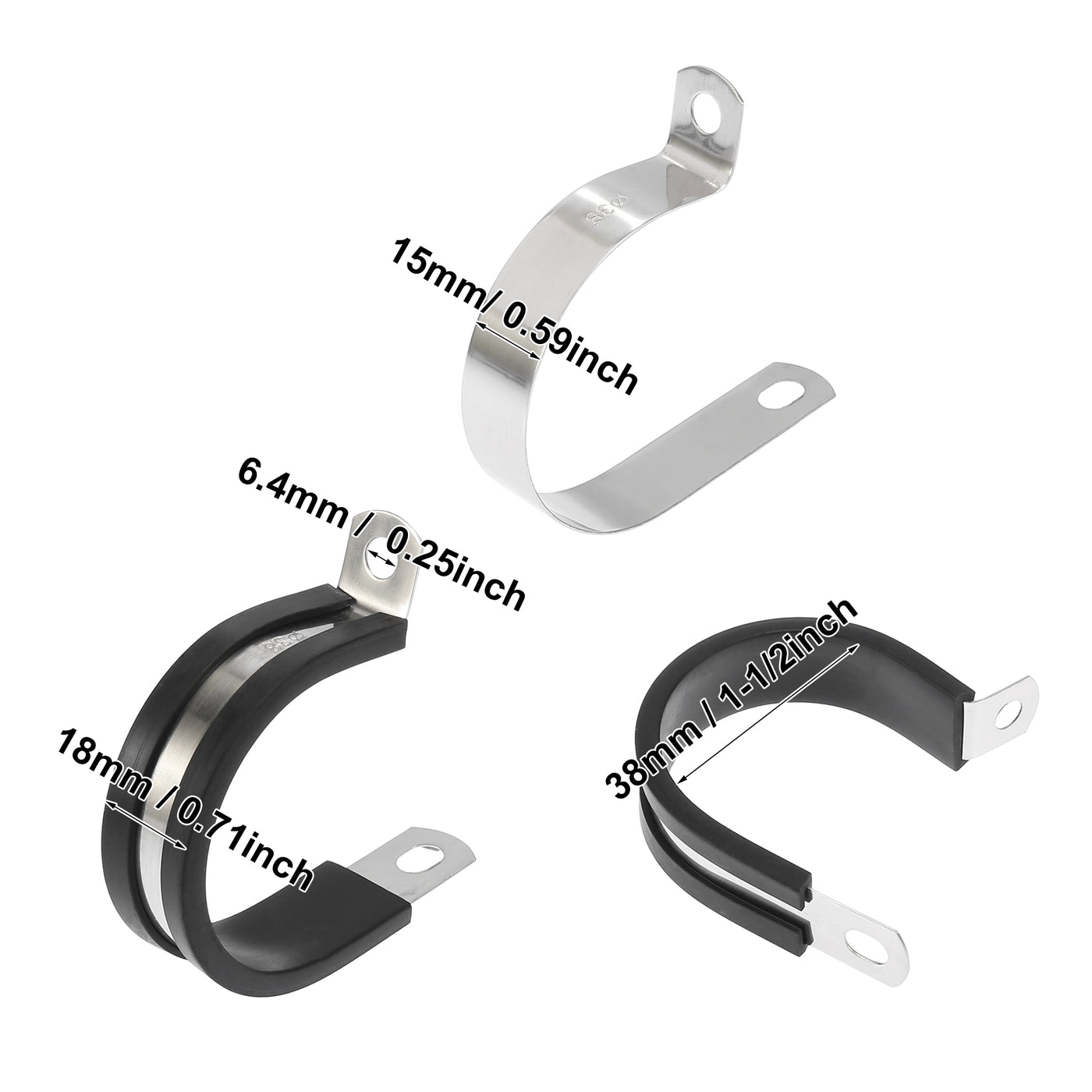 Harfington 10pcs 38mm 1-1/2 Inch R Shape Automotive 304 Stainless Steel Cable Clamp Rubber Cushioned Metal Clamp Fastener for Tube Pipe Wire Installation