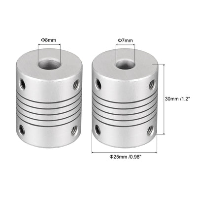 Harfington Uxcell 8mm to 7mm Aluminum Alloy Shaft Coupling Flexible Coupler L30xD25 Silver 2Pcs