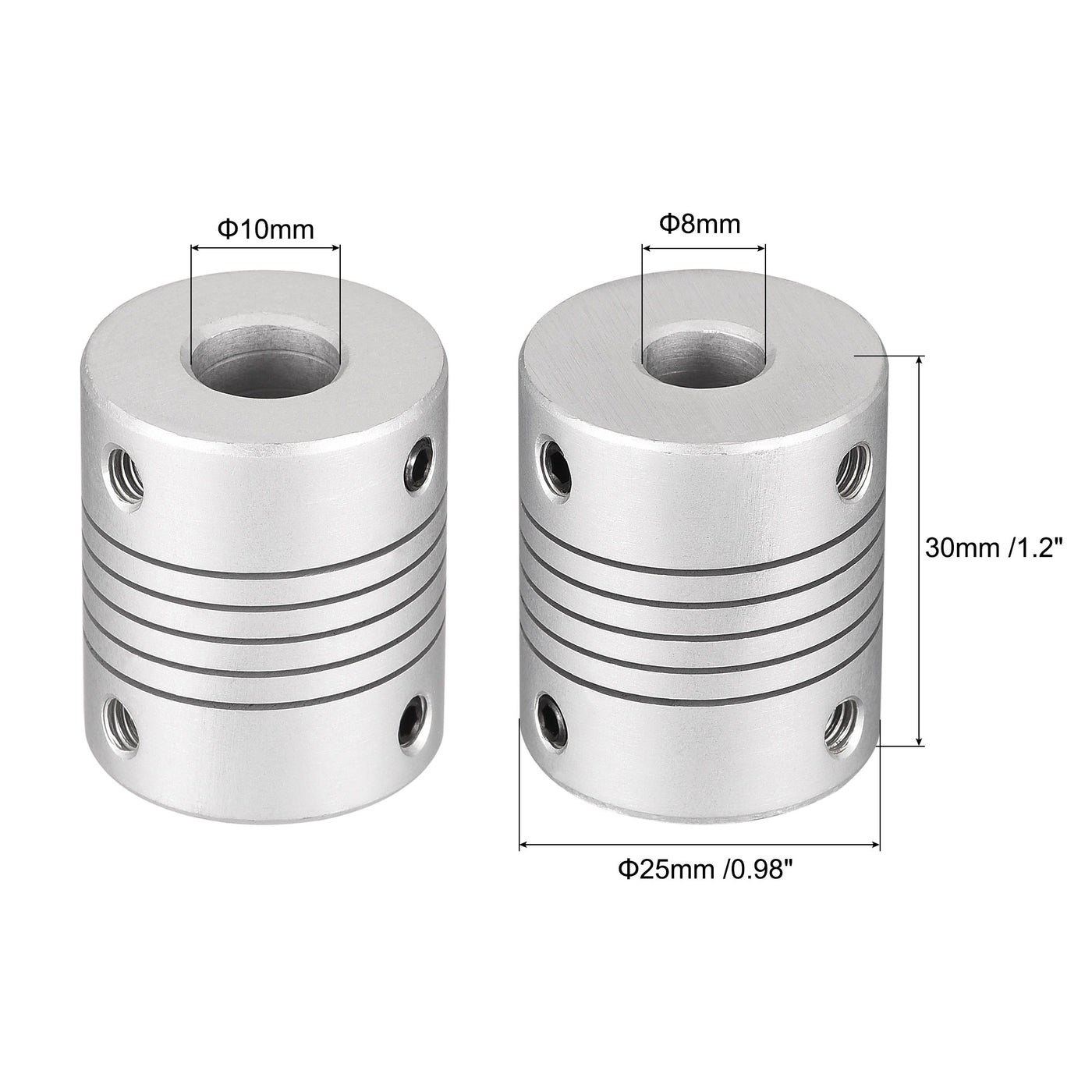 uxcell Uxcell 10mm to 8mm Aluminum Alloy Shaft Coupling Flexible Coupler L30xD25 Silver 2Pcs