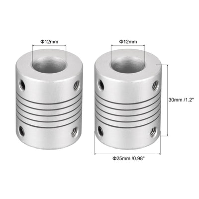 Harfington Uxcell 2Stk. 12mm zu 12mm Aluminiumlegierung Schaft Flexible Kupplung Motor Verbindungsstück L30xD25 Silber