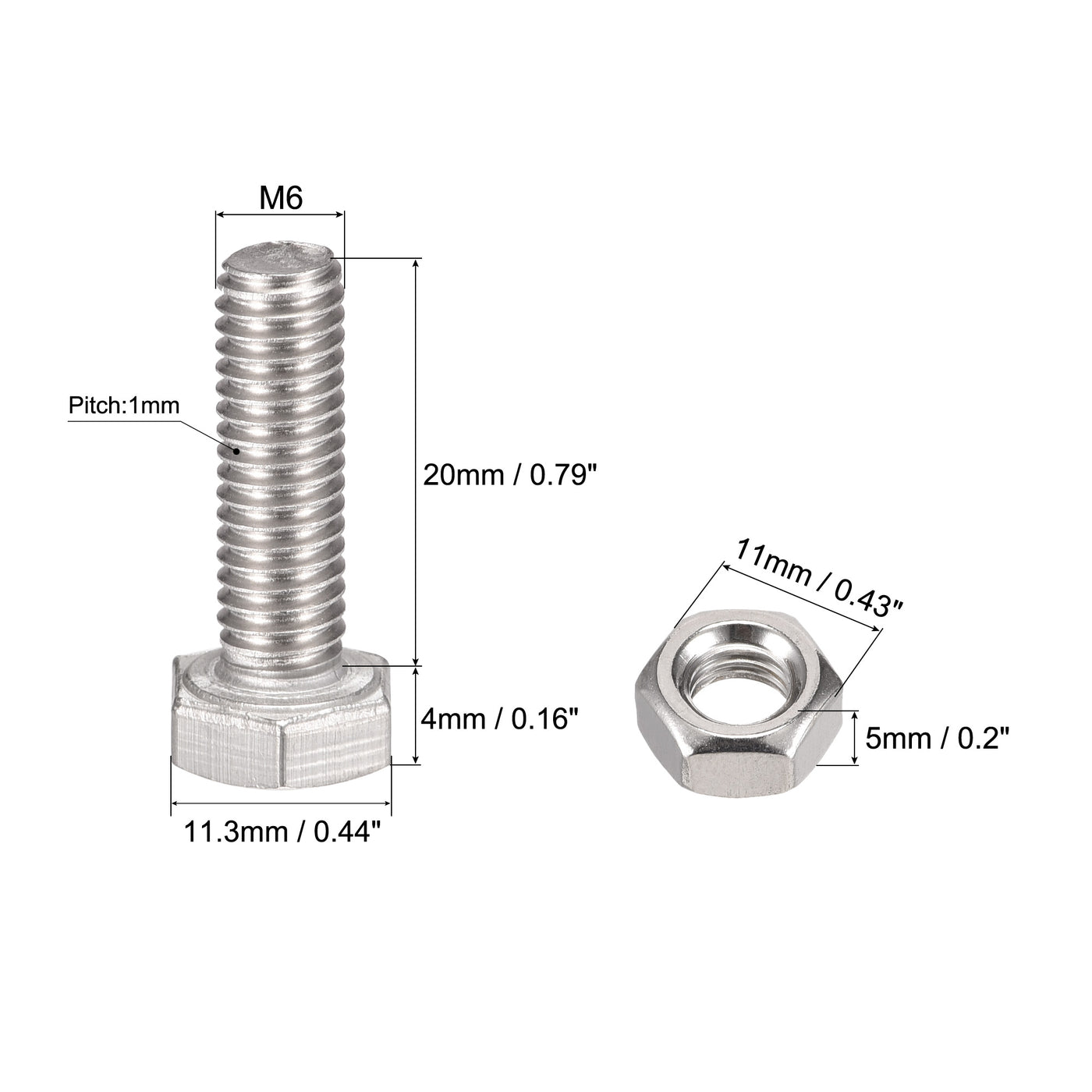 uxcell Uxcell M6 x 20mm Hex Head Screws Bolts, Nuts, Flat & Lock Washers Kits, 304 Stainless Steel Fully Thread Hexagon Bolts 6 Sets