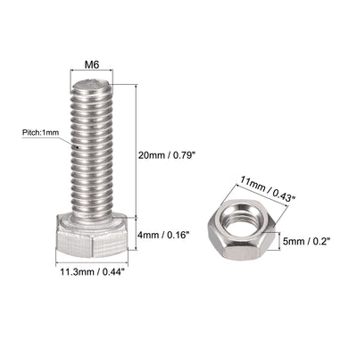 Harfington Uxcell M6 x 20mm Hex Head Screws Bolts, Nuts, Flat & Lock Washers Kits, 304 Stainless Steel Fully Thread Hexagon Bolts 6 Sets