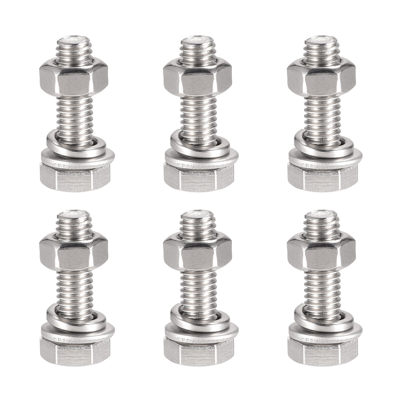 uxcell Uxcell M6 x 20mm Hex Head Screws Bolts, Nuts, Flat & Lock Washers Kits, 304 Stainless Steel Fully Thread Hexagon Bolts 6 Sets