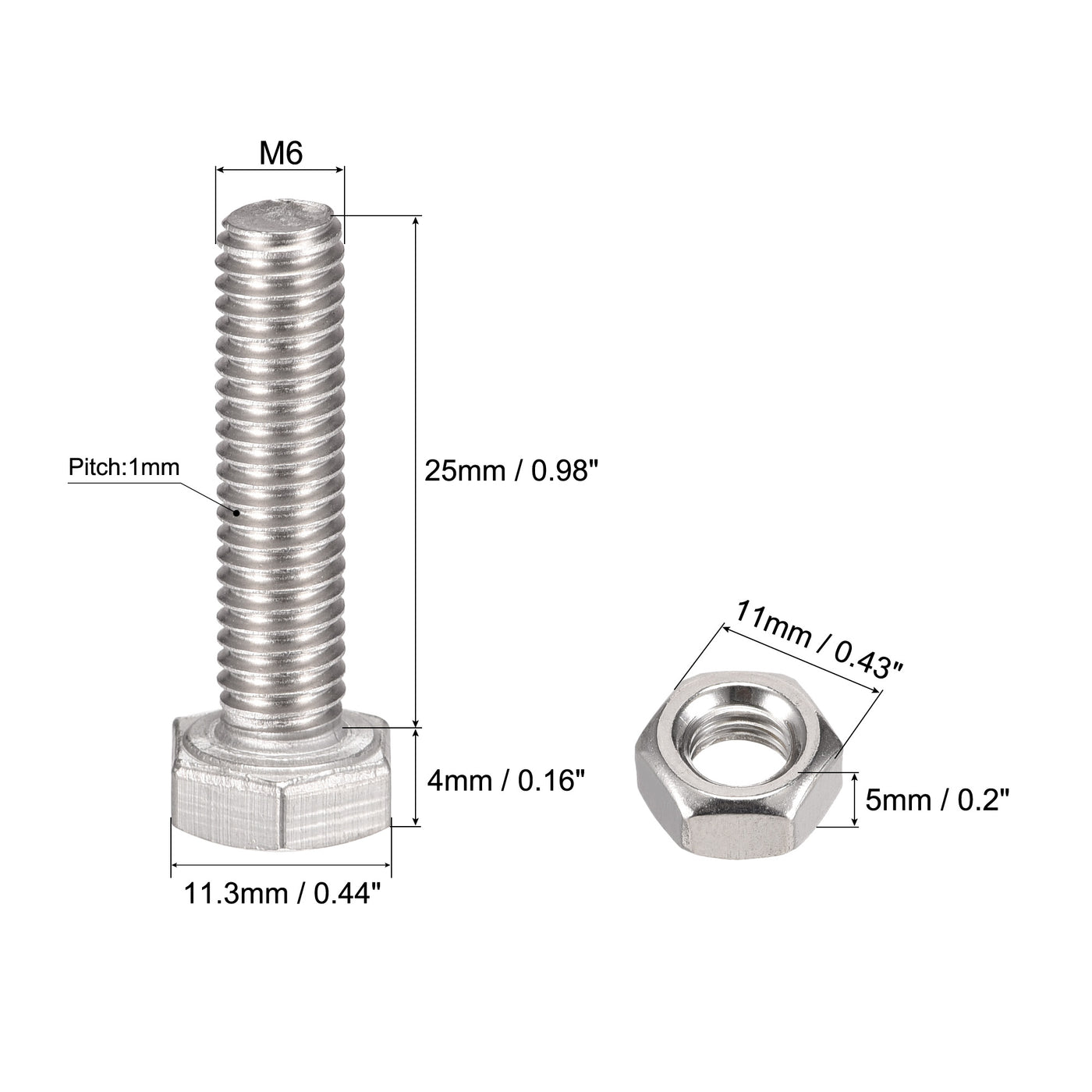 uxcell Uxcell M6 x 25mm Hex Head Screws Bolts, Nuts, Flat & Lock Washers Kits, 304 Stainless Steel Fully Thread Hexagon Bolts 10 Sets