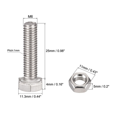 Harfington Uxcell M6 x 25mm Hex Head Screws Bolts, Nuts, Flat & Lock Washers Kits, 304 Stainless Steel Fully Thread Hexagon Bolts 10 Sets