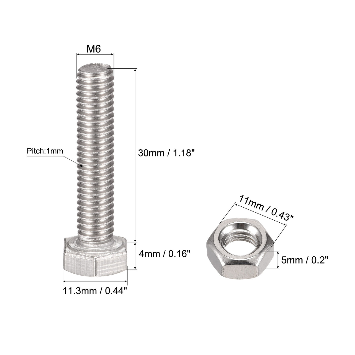 uxcell Uxcell M6 x 30mm Hex Head Screws Bolts, Nuts, Flat & Lock Washers Kits, 304 Stainless Steel Fully Thread Hexagon Bolts 6 Sets