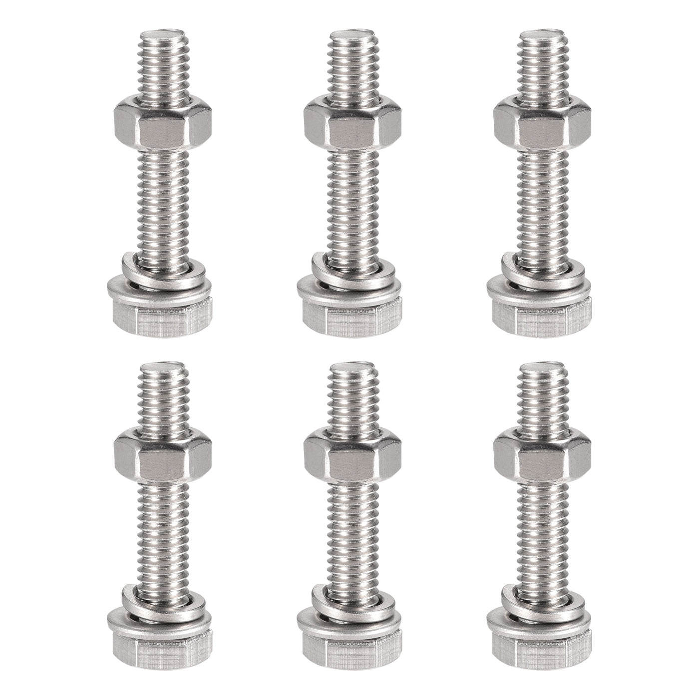 uxcell Uxcell M6 x 30mm Hex Head Screws Bolts, Nuts, Flat & Lock Washers Kits, 304 Stainless Steel Fully Thread Hexagon Bolts 6 Sets