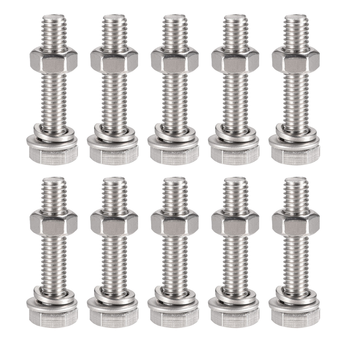 uxcell Uxcell M6 x 30mm Hex Head Screws Bolts, Nuts, Flat & Lock Washers Kits, 304 Stainless Steel Fully Thread Hexagon Bolts 10 Sets