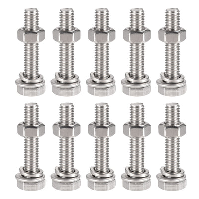 uxcell Uxcell M6 x 30mm Hex Head Screws Bolts, Nuts, Flat & Lock Washers Kits, 304 Stainless Steel Fully Thread Hexagon Bolts 10 Sets