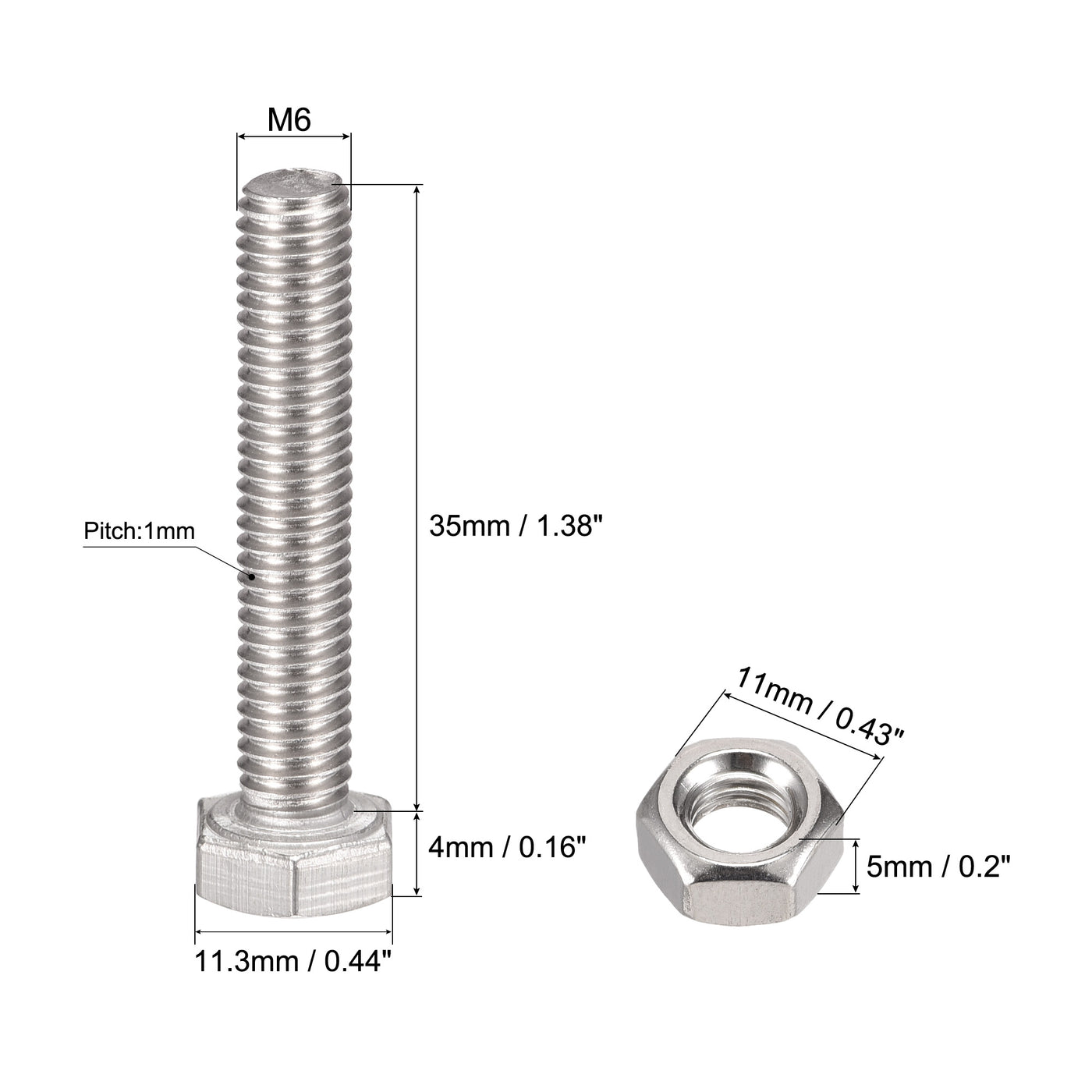 uxcell Uxcell M6 x 35mm Hex Head Screws Bolts, Nuts, Flat & Lock Washers Kits, 304 Stainless Steel Fully Thread Hexagon Bolts 6 Sets