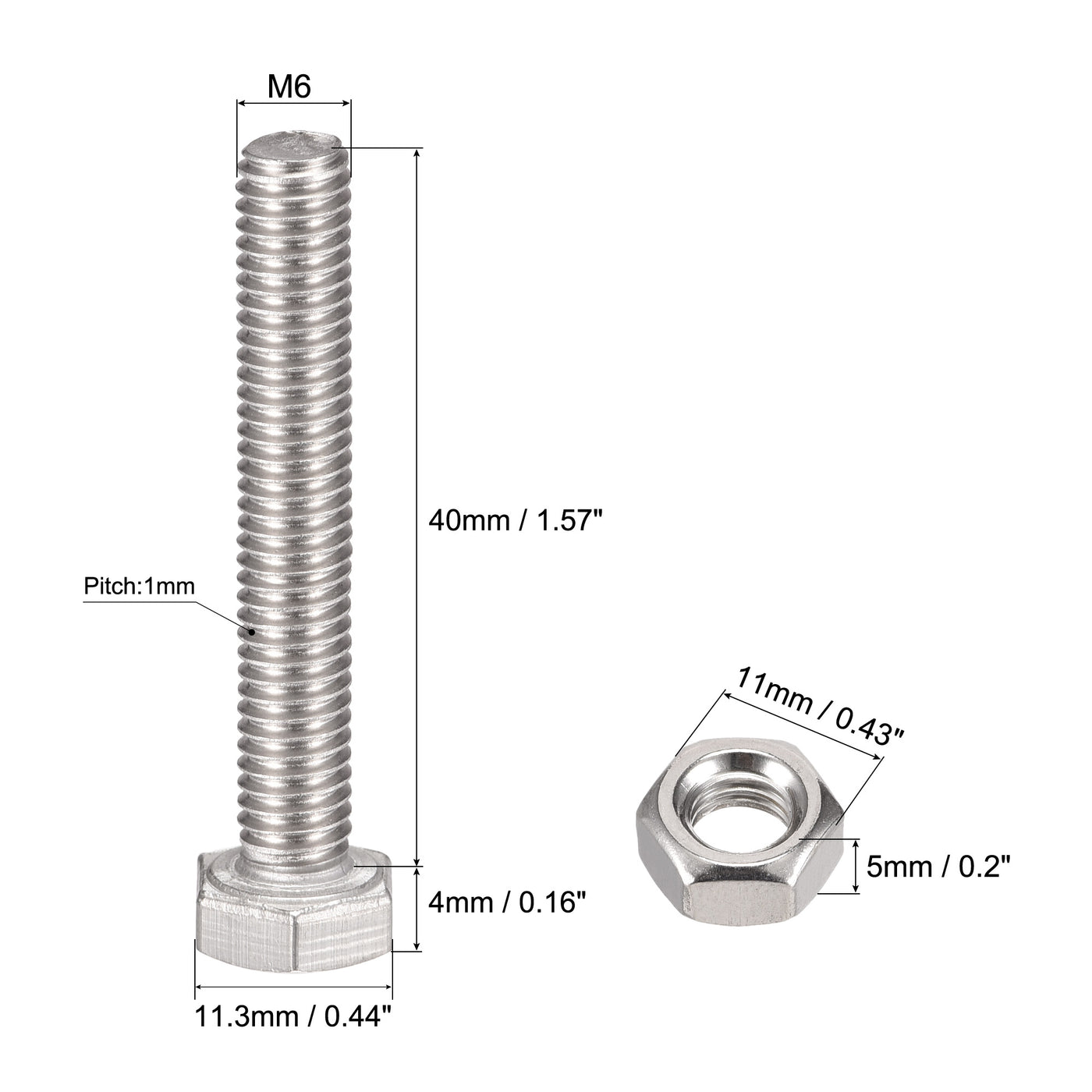 uxcell Uxcell M6 x 40mm Hex Head Screws Bolts, Nuts, Flat & Lock Washers Kits, 304 Stainless Steel Fully Thread Hexagon Bolts 6 Sets