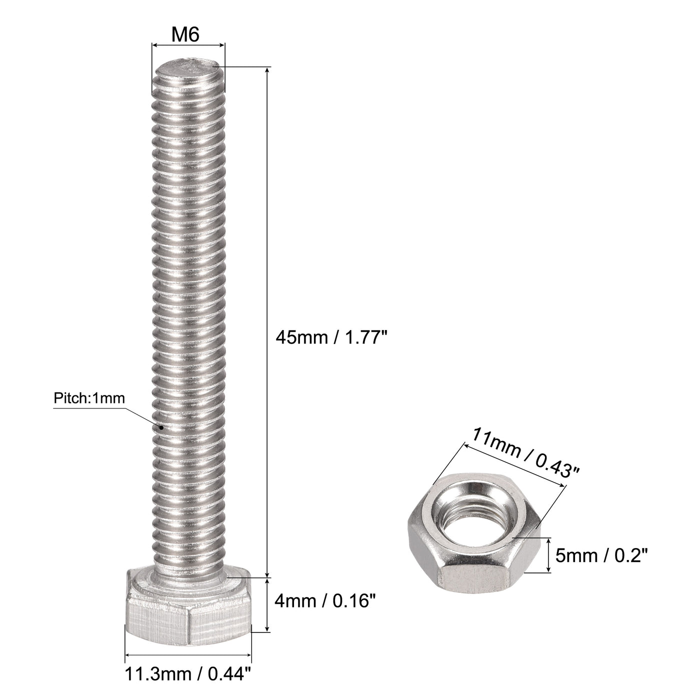 uxcell Uxcell M6 x 45mm Hex Head Screws Bolts, Nuts, Flat & Lock Washers Kits, 304 Stainless Steel Fully Thread Hexagon Bolts 6 Sets