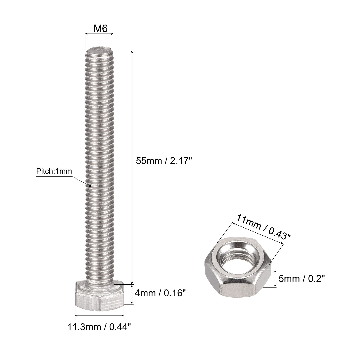 uxcell Uxcell M6 x 55mm Hex Head Screws Bolts, Nuts, Flat & Lock Washers Kits, 304 Stainless Steel Fully Thread Hexagon Bolts 10 Sets