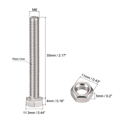 Harfington Uxcell M6 x 55mm Hex Head Screws Bolts, Nuts, Flat & Lock Washers Kits, 304 Stainless Steel Fully Thread Hexagon Bolts 10 Sets