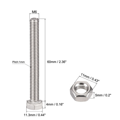 Harfington Uxcell M6 x 60mm Hex Head Screws Bolts, Nuts, Flat & Lock Washers Kits, 304 Stainless Steel Fully Thread Hexagon Bolts 6 Sets