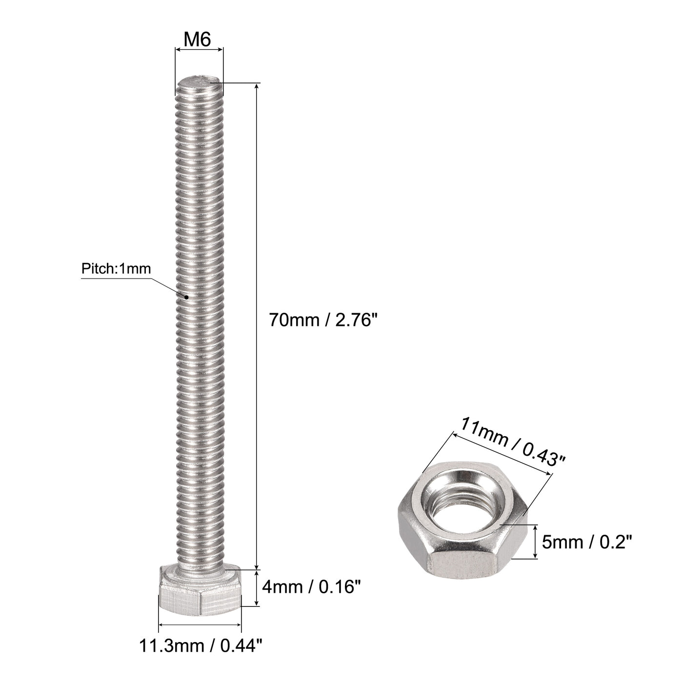 uxcell Uxcell M6 x 70mm Hex Head Screws Bolts, Nuts, Flat & Lock Washers Kits, 304 Stainless Steel Fully Thread Hexagon Bolts 10 Sets