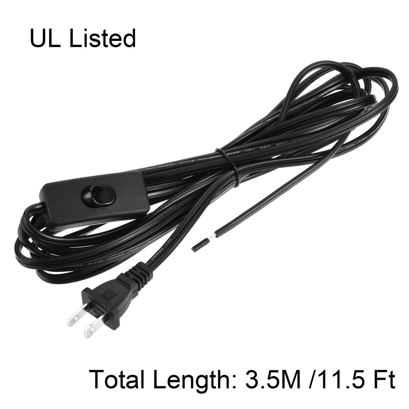 uxcell Uxcell US Plug Lamp Cord with Switch, SPT-2 18AWG Power Wire 3.5M Black, UL Listed 2Pcs