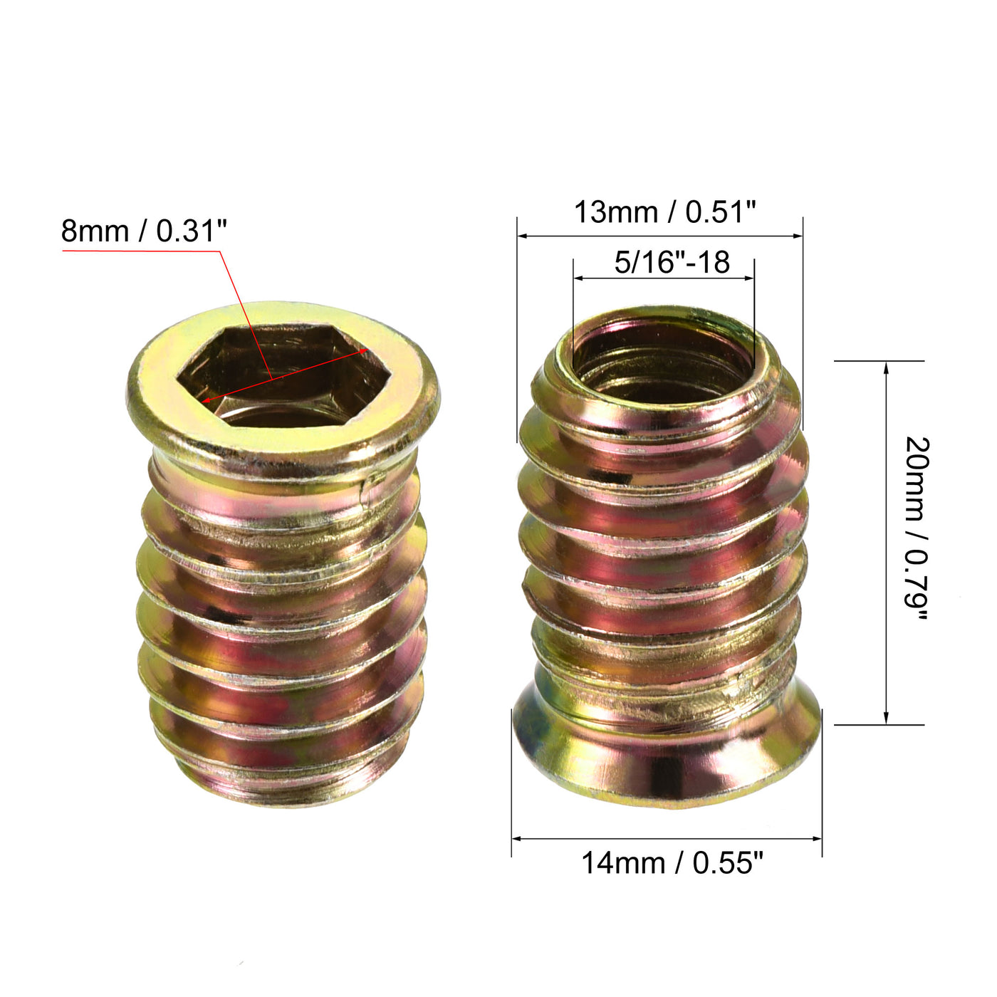 uxcell Uxcell 5/16"-18x20mm Threaded Insert Nuts Hex Socket Drive for Wood Furniture 40pcs