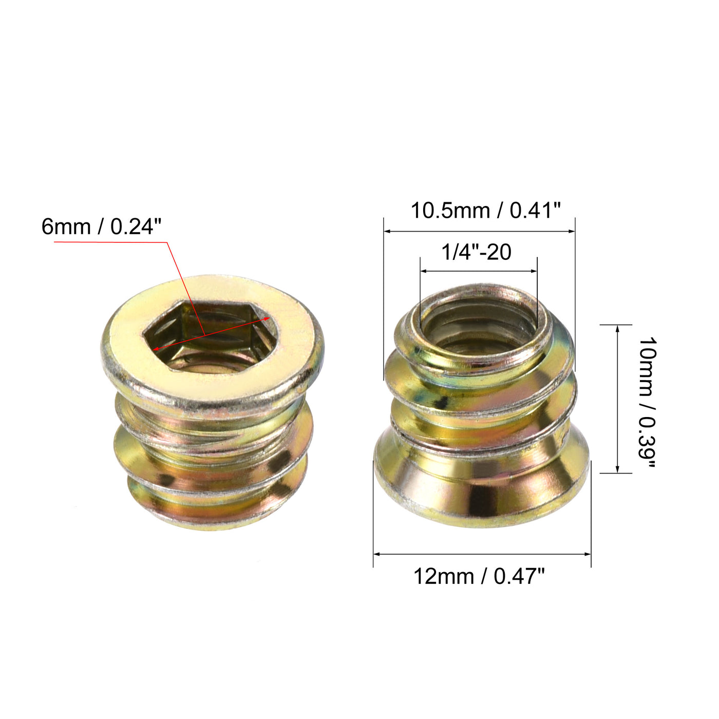 uxcell Uxcell 40 Stück 1/4"-20x10mm Sechskant Innensechskant mit Gewindeeinsatzmuttern für Holzmöbel