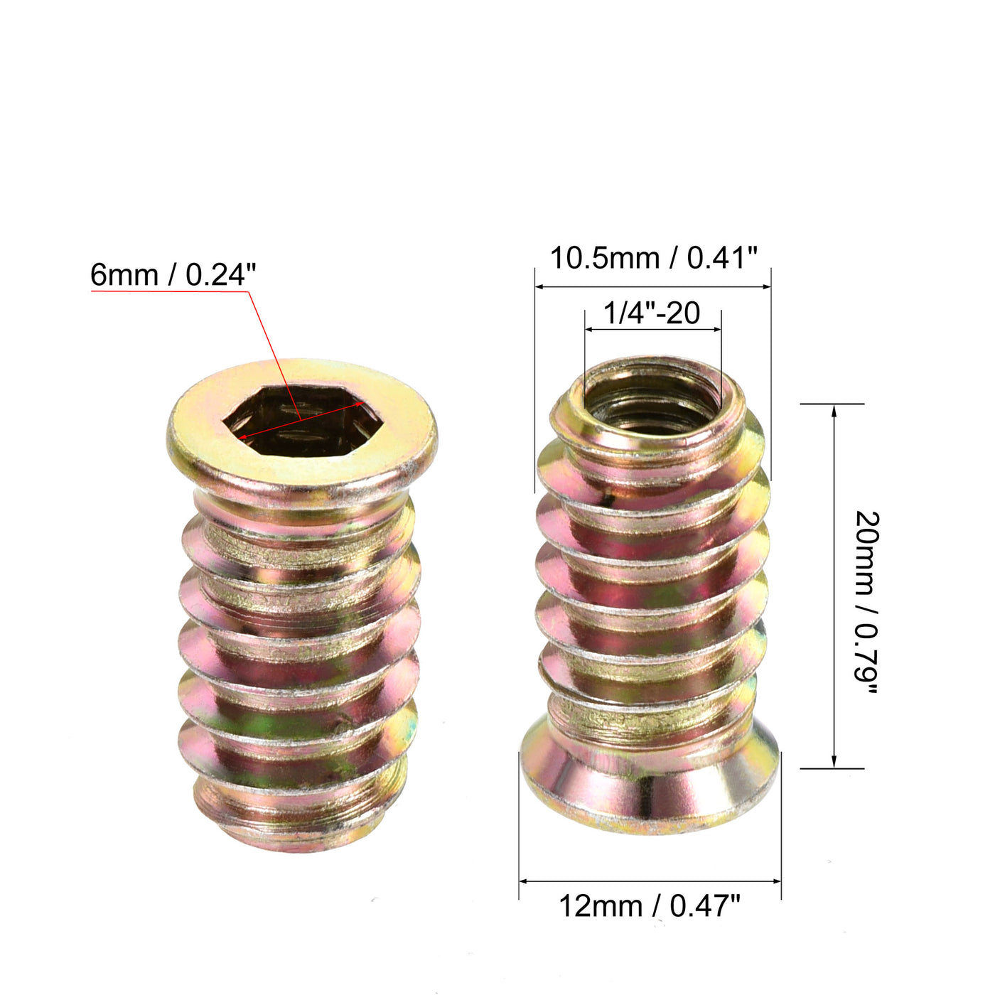 uxcell Uxcell 1/4"-20x20mm Threaded Insert Nuts Hex Socket Drive for Wood Furniture 40pcs