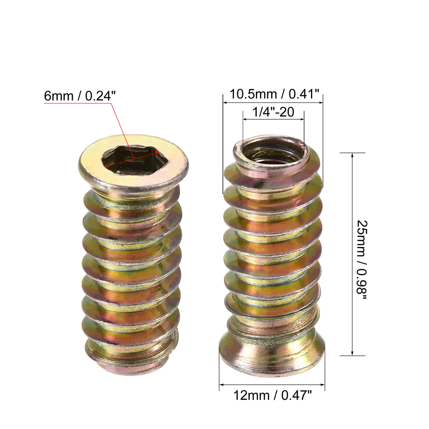 uxcell Uxcell 1/4"-20x25mm Threaded Insert Nuts Hex Socket Drive for Wood Furniture 40pcs