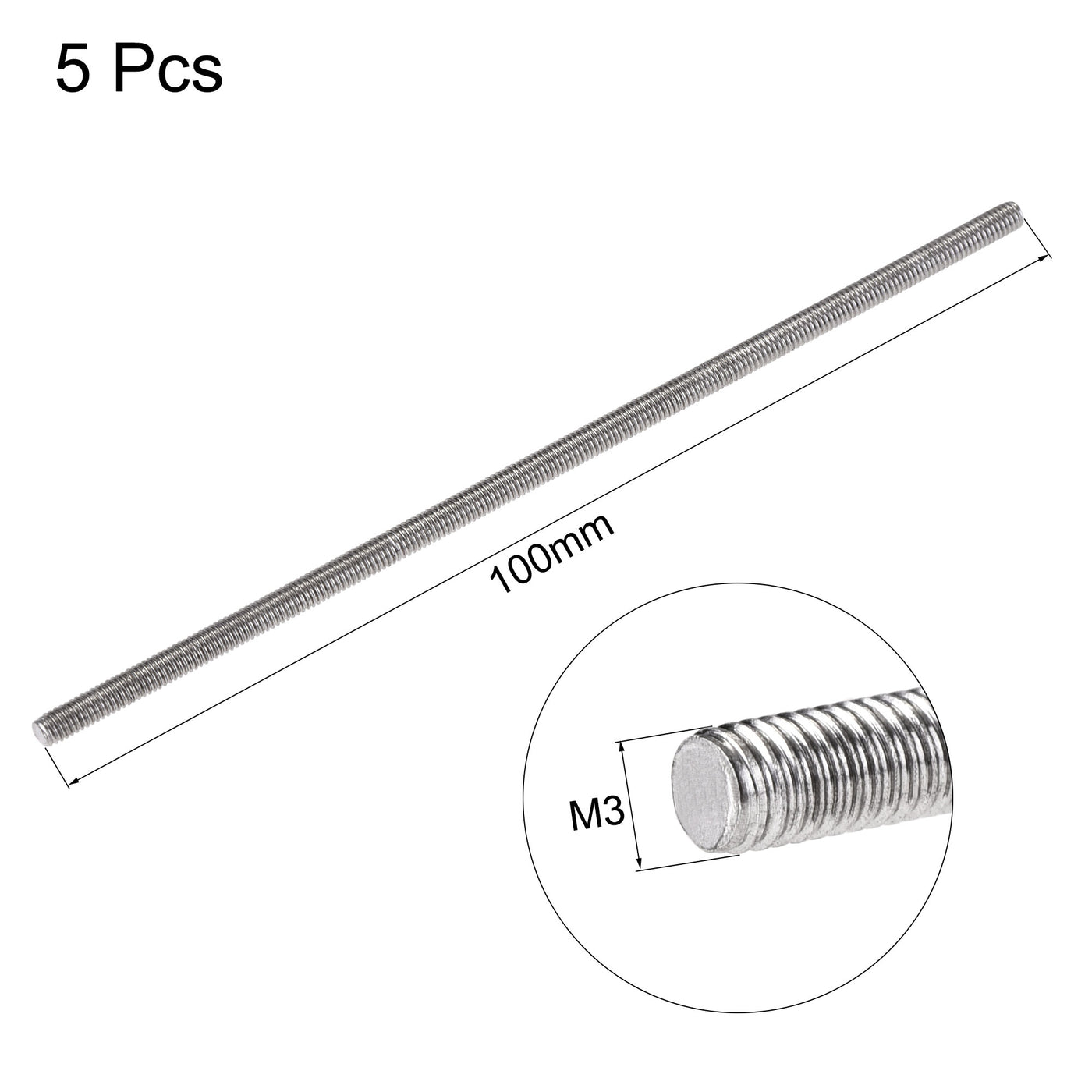 uxcell Uxcell 5Stück M3 x 100mm Vollgewindestange aus 304 Edelstahl Rechtsgewinde