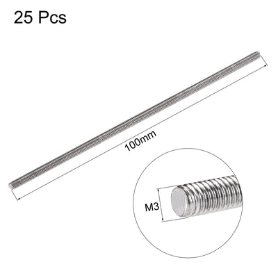 Harfington Uxcell 25Pcs M3 x 100mm Fully Threaded Rod 304 Stainless Steel Right Hand Threads