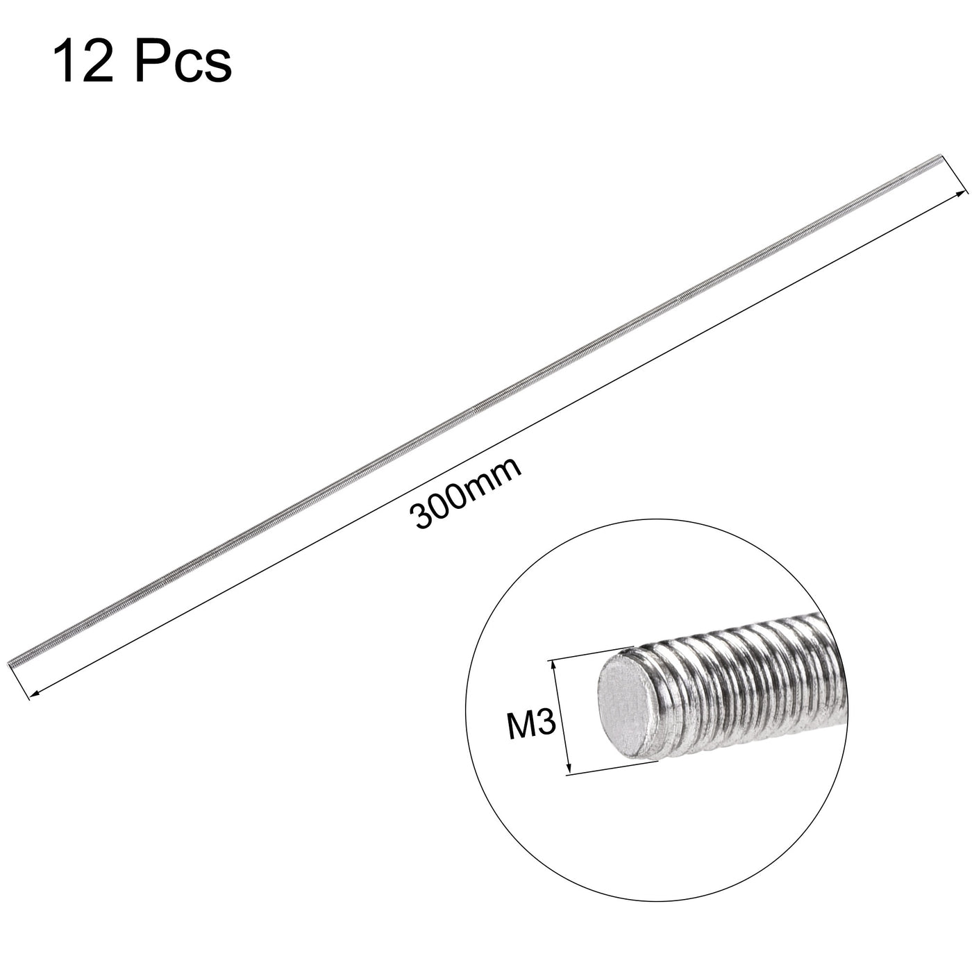 uxcell Uxcell 12Pcs M3 x 300mm Fully Threaded Rod 304 Stainless Steel Right Hand Threads