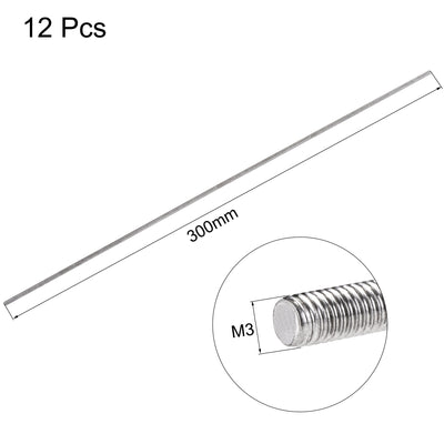 Harfington Uxcell 12Pcs M3 x 300mm Fully Threaded Rod 304 Stainless Steel Right Hand Threads