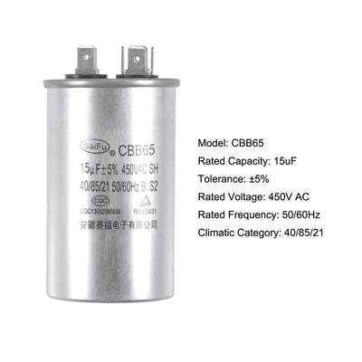 Harfington Uxcell Run Capacitor Round CBB65 15uF 15mfd 450V AC 40/85/21 Aluminum Case with Terminal for Air Conditioner Compressor Motor Heat Pump Condenser