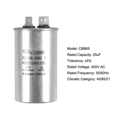 Harfington Uxcell Run Capacitor Round CBB65 25uF 25mfd 450V AC 40/85/21 Aluminum Case with Terminal for Air Conditioner Compressor Motor Heat Pump Condenser 2Pcs