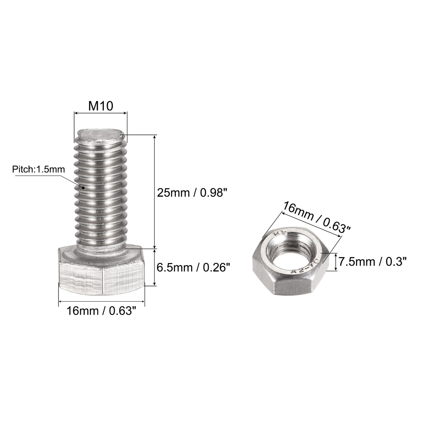 uxcell Uxcell M10 x 25mm Hex Head Screws Bolts, Nuts, Flat & Lock Washers Kits, 304 Stainless Steel Fully Thread Hexagon Bolts 4 Sets