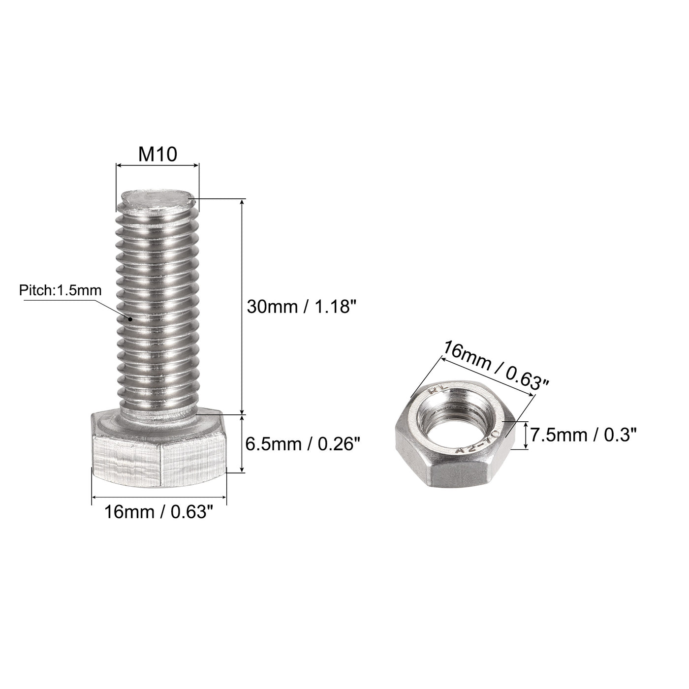 uxcell Uxcell M10 x 30mm Hex Head Screws Bolts, Nuts, Flat & Lock Washers Kits, 304 Stainless Steel Fully Thread Hexagon Bolts 4 Sets