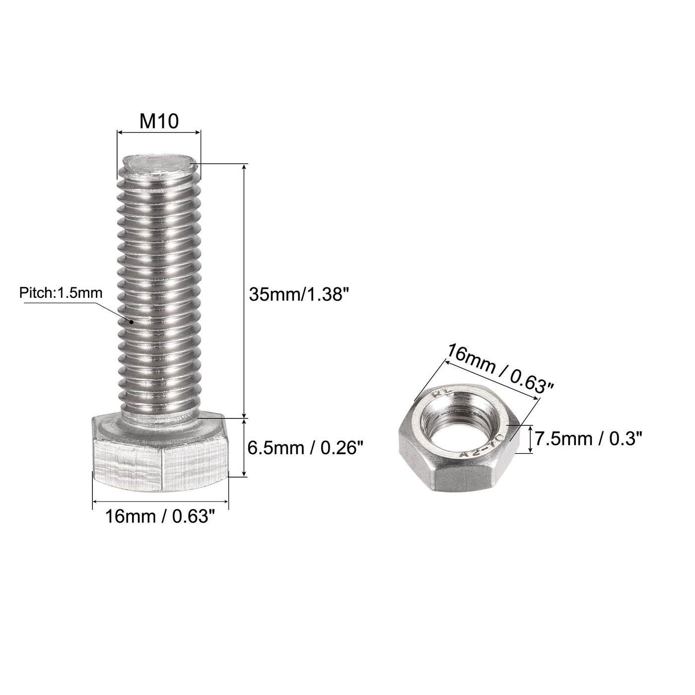 uxcell Uxcell 4 Sätze Sechskantschraube Mutter Flachdichtung & Sicherungsscheibe 304 rostfreier Stahl Vollgewinde Hexagon Bolzen M10 x 35mm