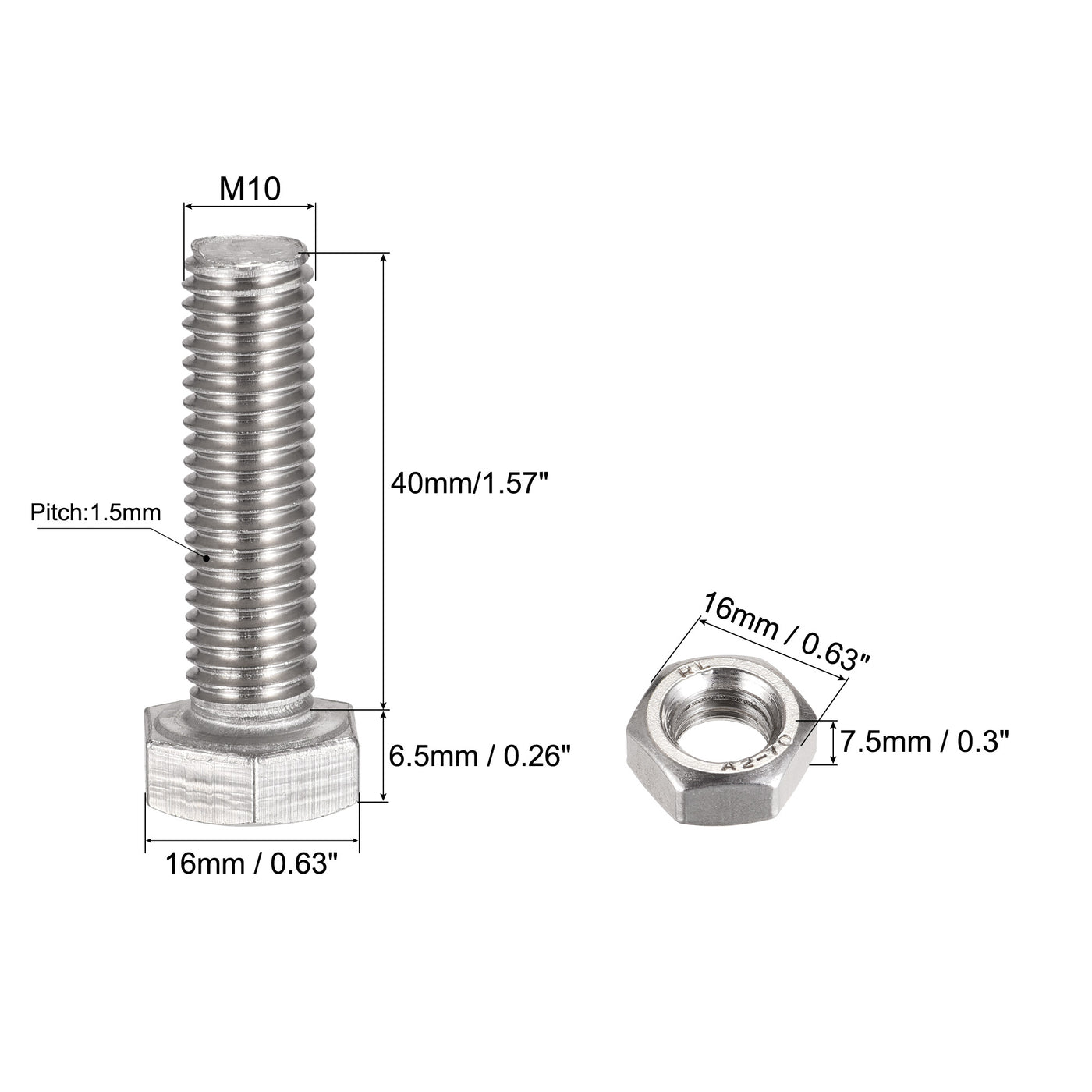 uxcell Uxcell M10 x 40mm Hex Head Screws Bolts, Nuts, Flat & Lock Washers Kits, 304 Stainless Steel Fully Thread Hexagon Bolts 4 Sets