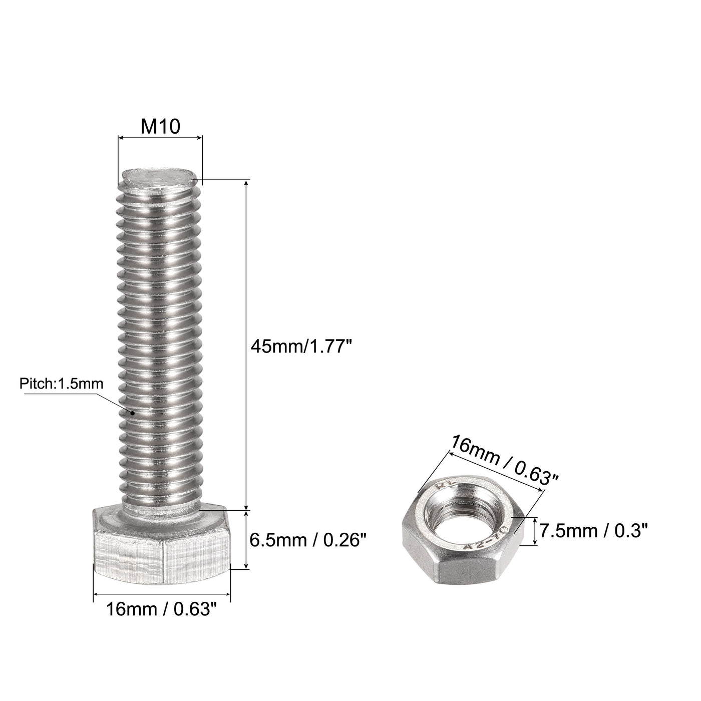 uxcell Uxcell M10 x 45mm Hex Head Screws Bolts, Nuts, Flat & Lock Washers Kits, 304 Stainless Steel Fully Thread Hexagon Bolts 4 Sets