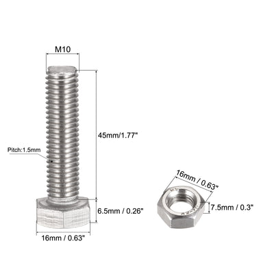 Harfington Uxcell M10 x 45mm Hex Head Screws Bolts, Nuts, Flat & Lock Washers Kits, 304 Stainless Steel Fully Thread Hexagon Bolts 4 Sets