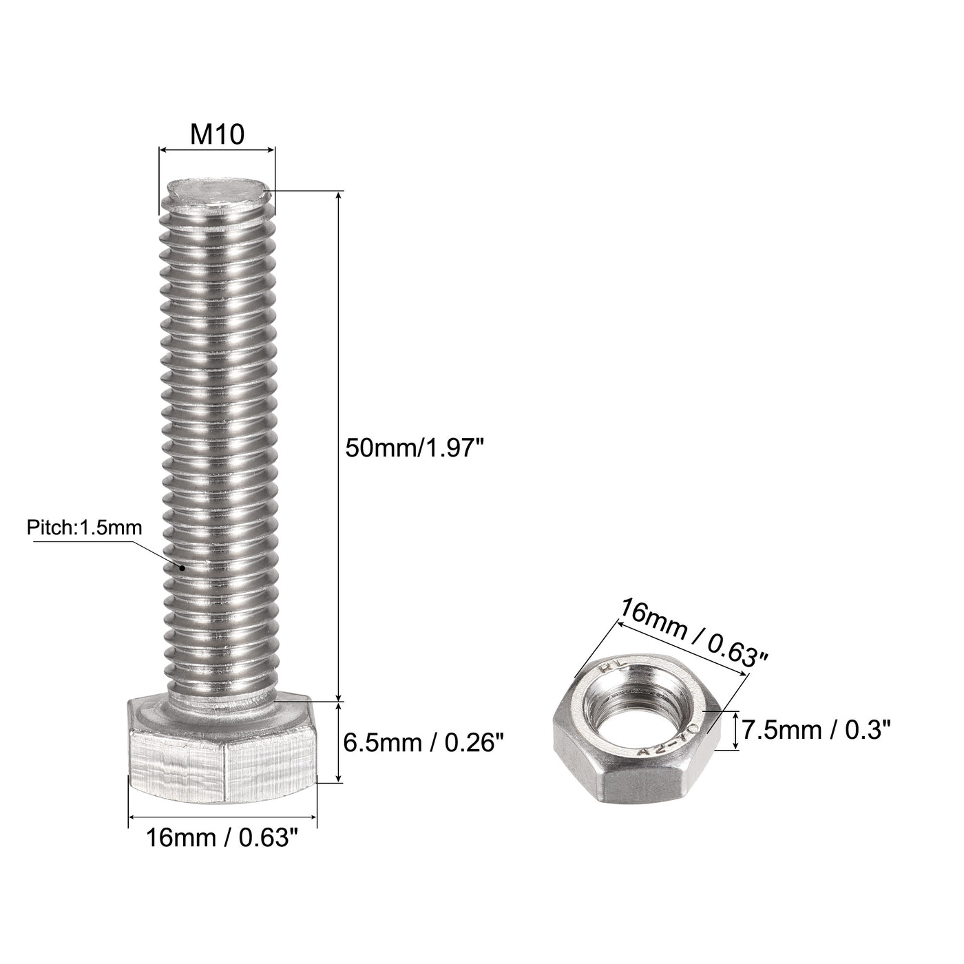 uxcell Uxcell M10 x 50mm Hex Head Screws Bolts, Nuts, Flat & Lock Washers Kits, 304 Stainless Steel Fully Thread Hexagon Bolts 4 Sets