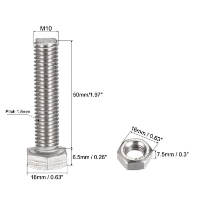 Harfington Uxcell M10 x 50mm Hex Head Screws Bolts, Nuts, Flat & Lock Washers Kits, 304 Stainless Steel Fully Thread Hexagon Bolts 4 Sets