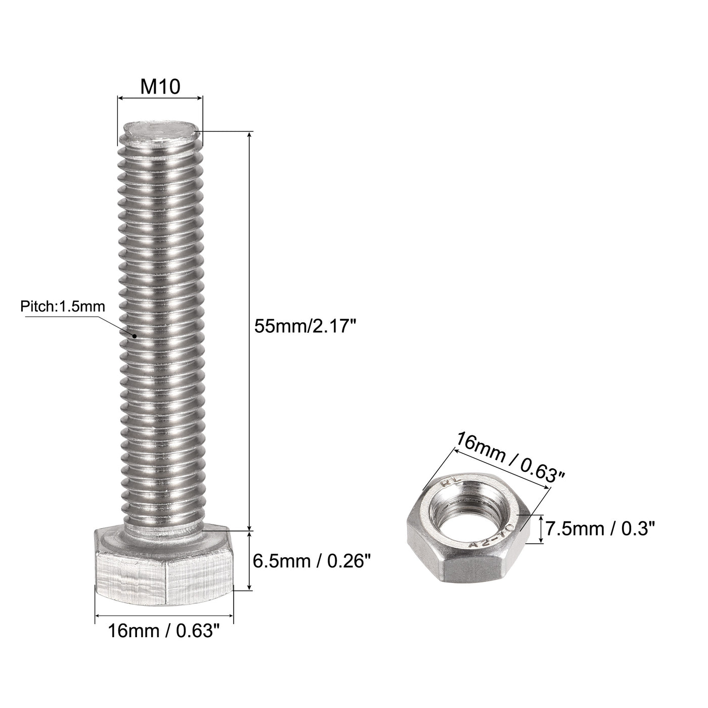 uxcell Uxcell M10 x 55mm Hex Head Screws Bolts, Nuts, Flat & Lock Washers Kits, 304 Stainless Steel Fully Thread Hexagon Bolts 6 Sets