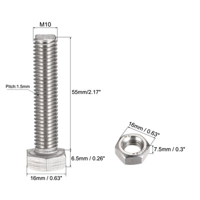 Harfington Uxcell M10 x 55mm Hex Head Screws Bolts, Nuts, Flat & Lock Washers Kits, 304 Stainless Steel Fully Thread Hexagon Bolts 6 Sets