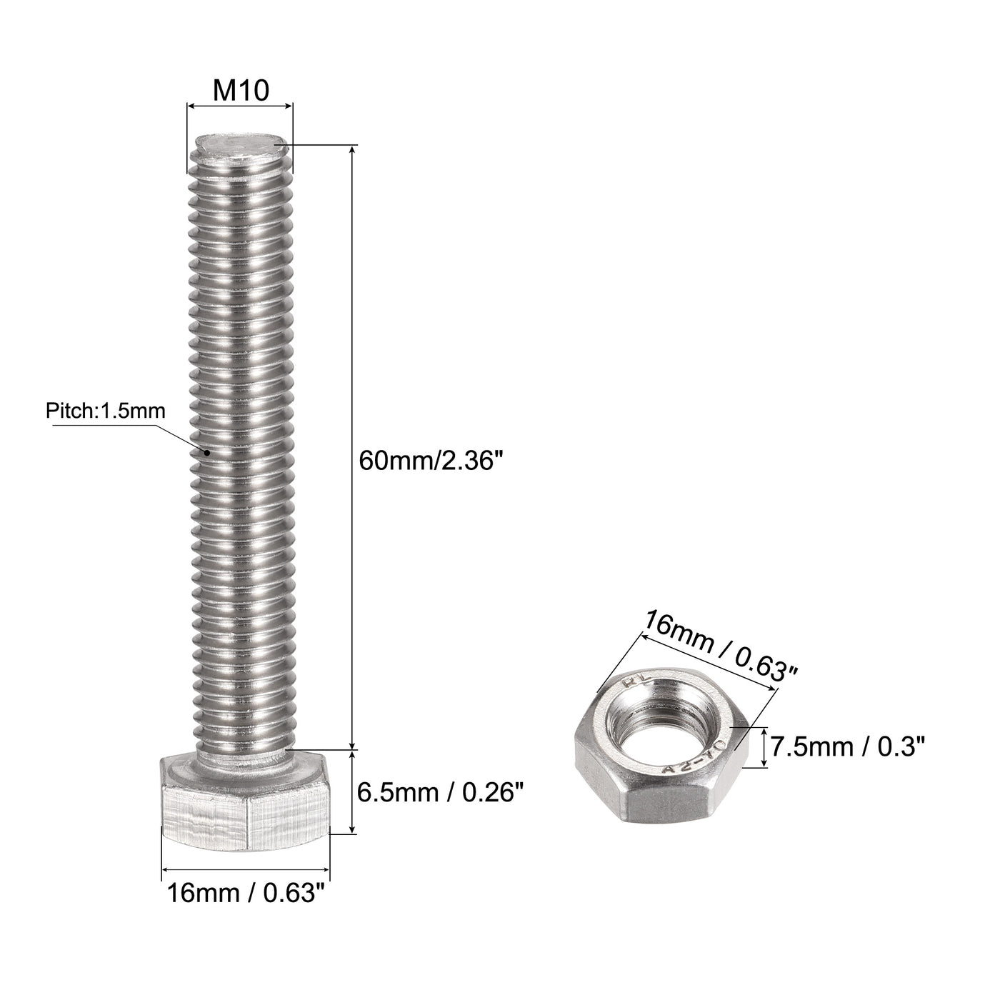 uxcell Uxcell M10 x 60mm Hex Head Screws Bolts, Nuts, Flat & Lock Washers Kits, 304 Stainless Steel Fully Thread Hexagon Bolts 4 Sets