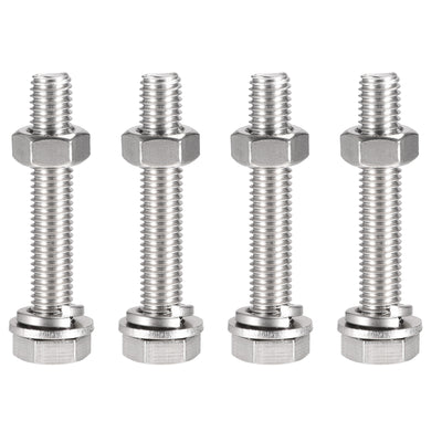 uxcell Uxcell M10 x 60mm Hex Head Screws Bolts, Nuts, Flat & Lock Washers Kits, 304 Stainless Steel Fully Thread Hexagon Bolts 4 Sets